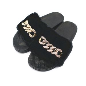 Black faux fur slides with rhinestone gold chain